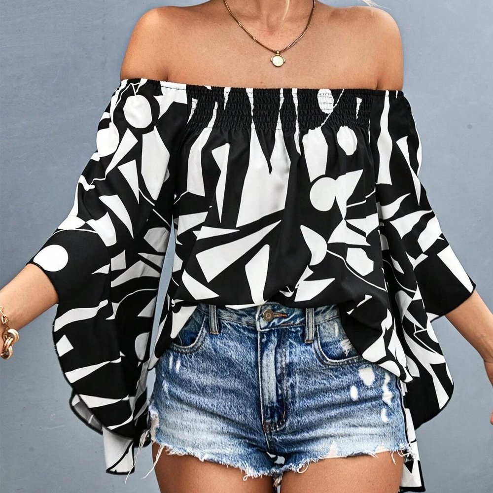 Black And White Boho Geo Print Off Shoulder Flounce Sleeve Blouse - Picture 4 of 5